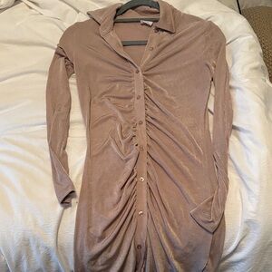 Cotton On Ruched Button-Front Long Sleeve Dress in Mauve